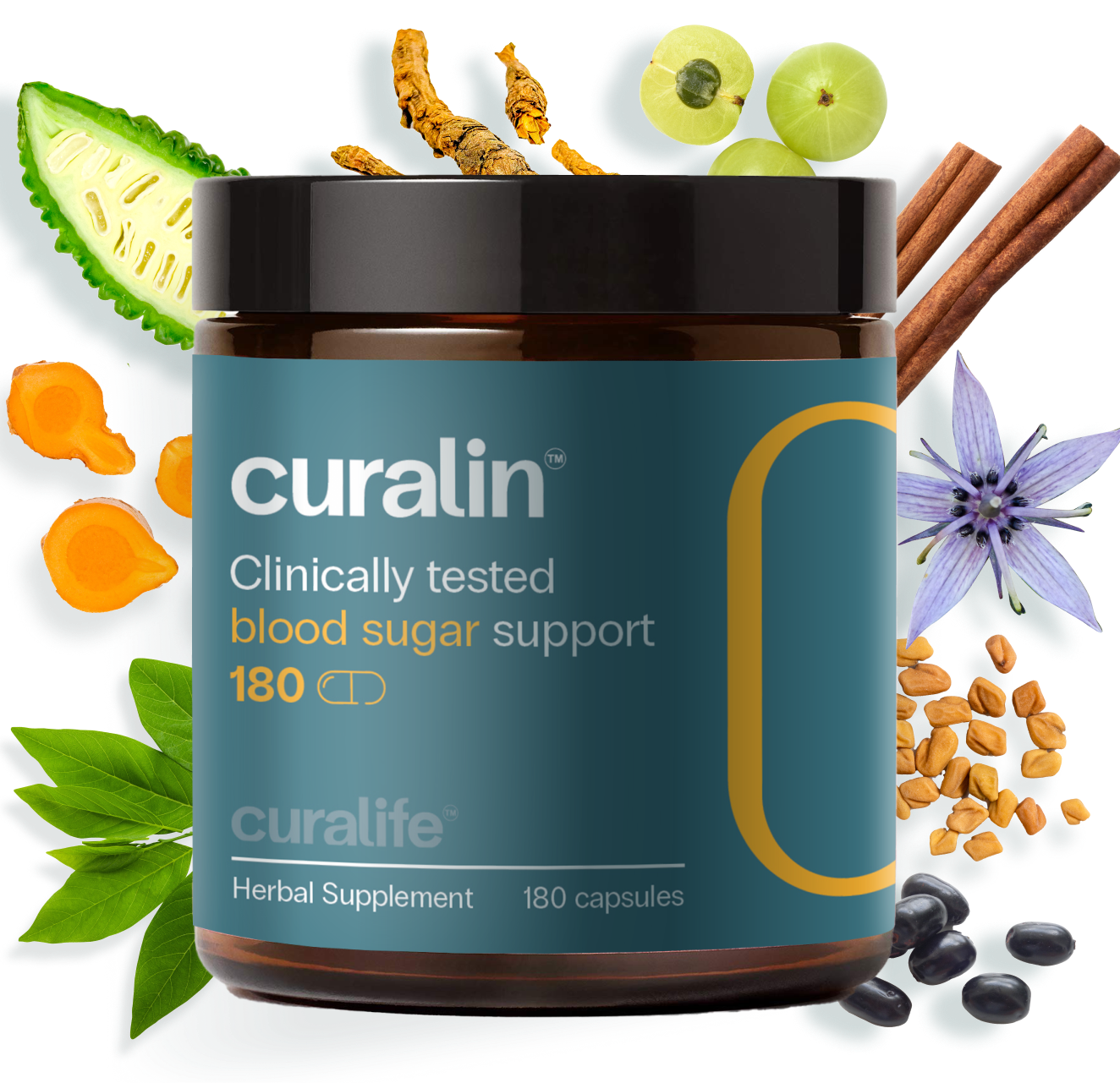 A bottle of CurLife Blood Sugar Support capsules next to a variety of natural ingredients.