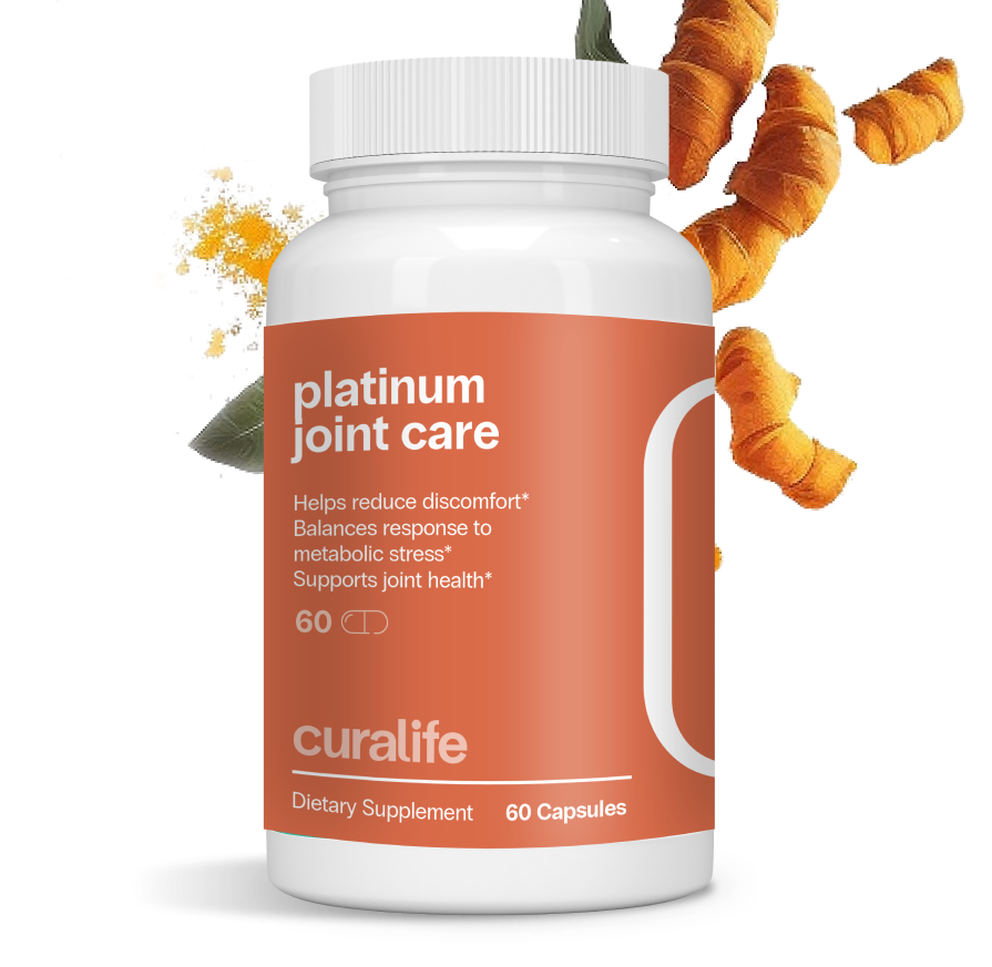 A bottle of Platinum Joint Care capsules next to a turmeric root.