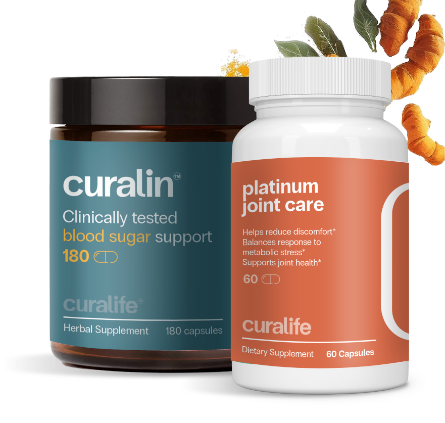 Two bottles of Curalife supplements, one for blood sugar support and one for joint care.