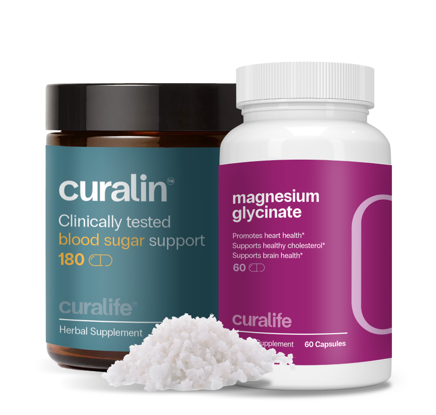 Two bottles of Curalife supplements. One is Curalin, a blood sugar support supplement, and the other is Magnesium Glycinate, which promotes heart health, supports healthy cholesterol, and supports brain health.