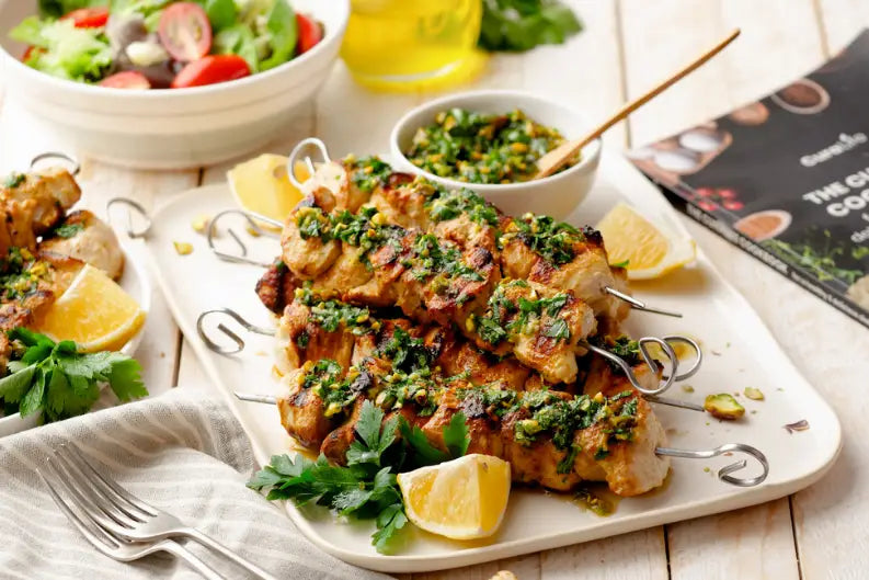 Grilled Chicken Kebabs with Pistachio Gremolata