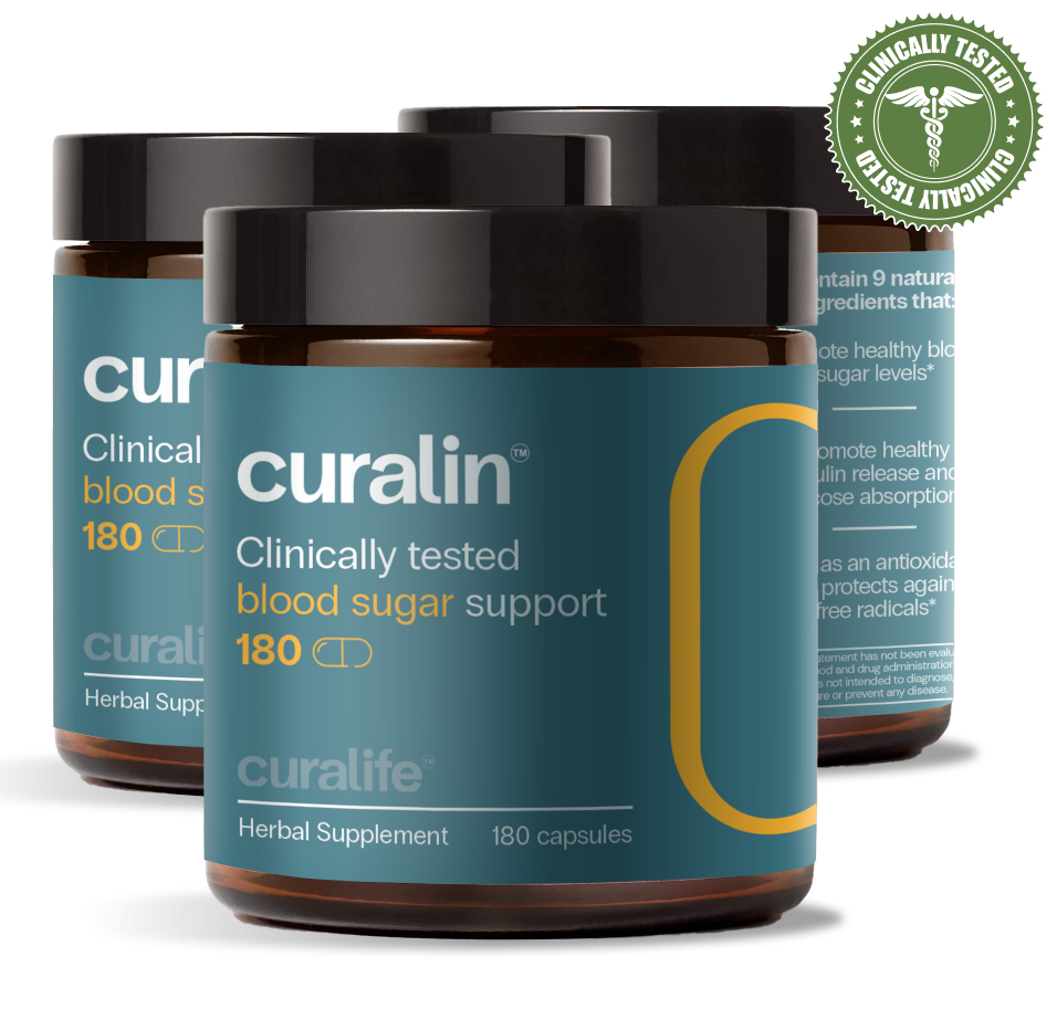 A bottle of CurLife Curalin Blood Sugar Support capsules