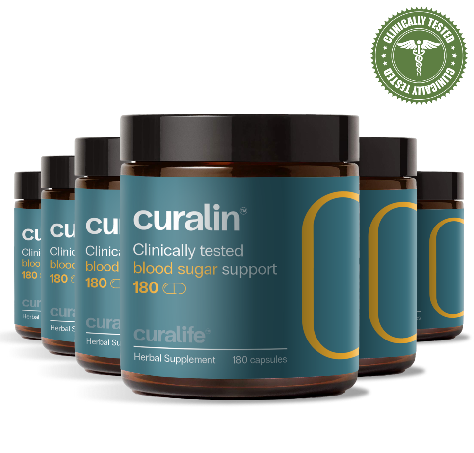 A bottle of CurLife Blood Sugar Support capsules