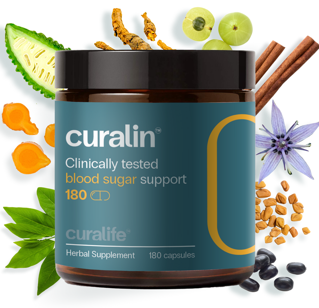 A bottle of CurLife Blood Sugar Support capsules next to a variety of natural ingredients.