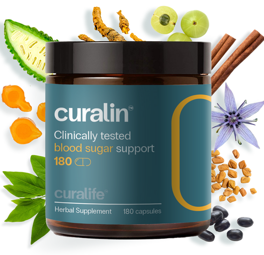 A bottle of CurLife Blood Sugar Support capsules next to a variety of natural ingredients.