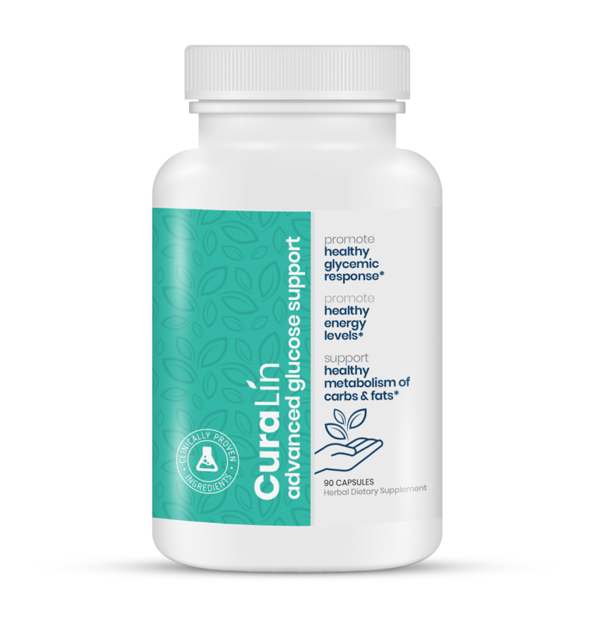 A bottle of CuraLin Advanced Glucose Support capsules