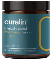 A bottle of CurLife Curalin Blood Sugar Support Supplement