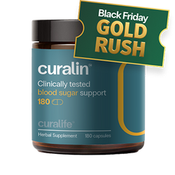 A bottle of CurLife Blood Sugar Support capsules next to a variety of natural ingredients.