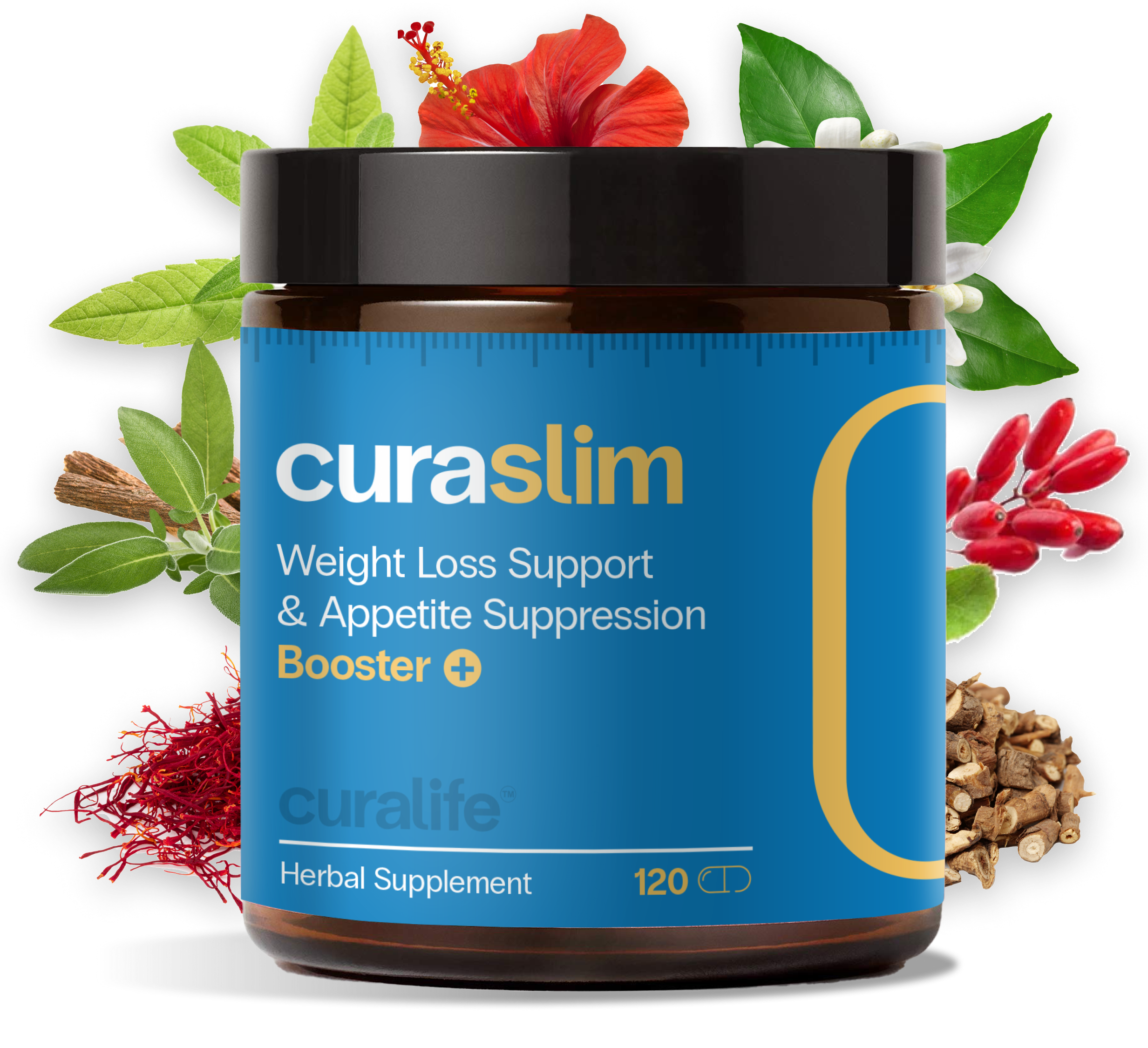 A bottle of CuraLife Weight Loss Support and Appetite Suppression pills with a measuring spoon and several plant extracts around it.