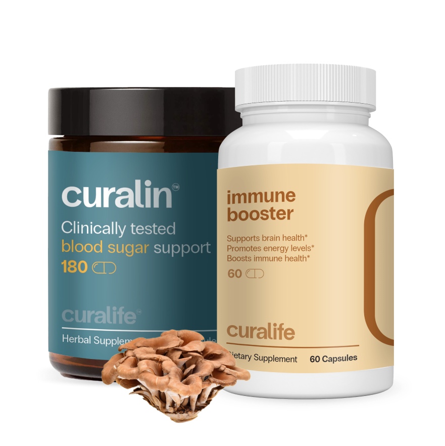 A bottle of Curalife Immune Booster and a bottle of Curalife Blood Sugar Support.
