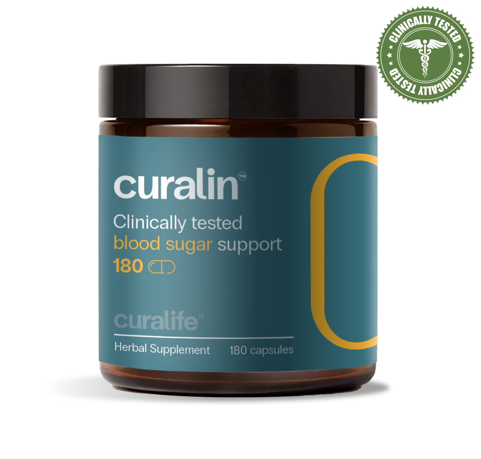 A bottle of Curalin Blood Sugar Support capsules