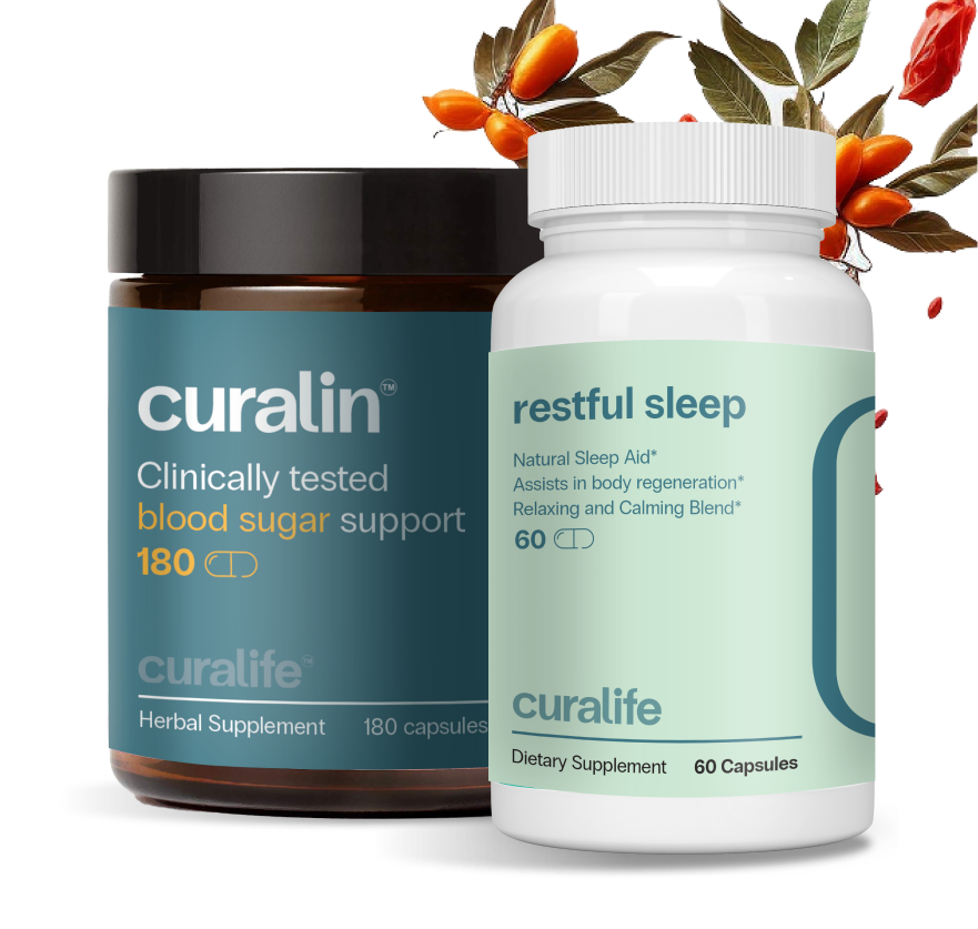 Two bottles of curalin, one labeled 'Blood Sugar Support' and the other labeled 'Restful Sleep'.