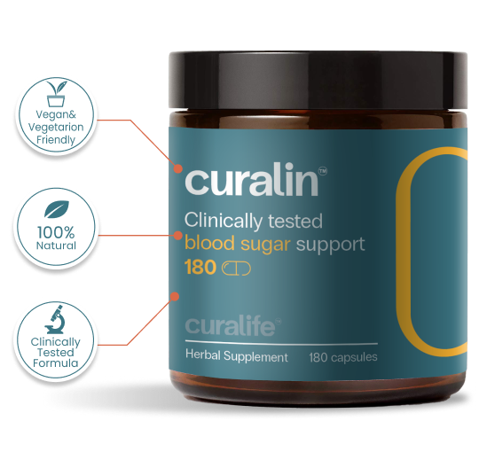 A bottle of Curalife Blood Sugar Support capsules