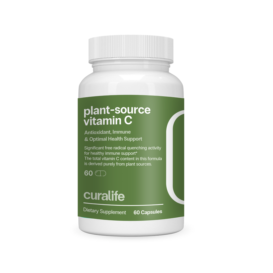 A bottle of CuraLife Plant-Source Vitamin C capsules.